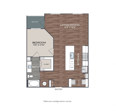a floor plan of a studio apartment with a bedroom and a balcony